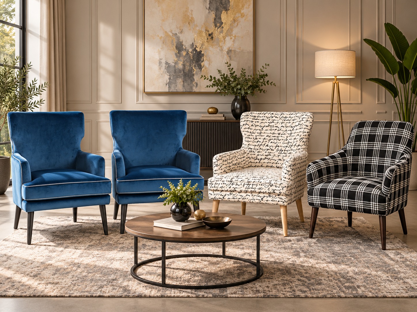 Deep blue upholstery, flowing script and monochrome checks bring different personalities to a shared seating arrangement. Related silhouettes create a cohesive collection with room for individual expression.