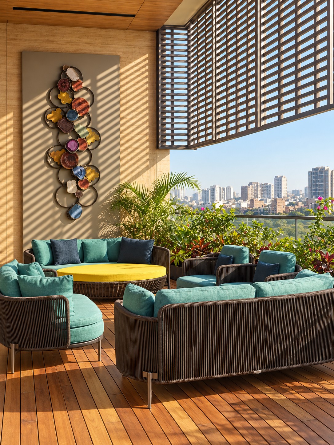Balcony at The Ahmedabad Home – Client 103 with teal sofas and chairs, a yellow round centrepiece, plants and colourful wall art.
