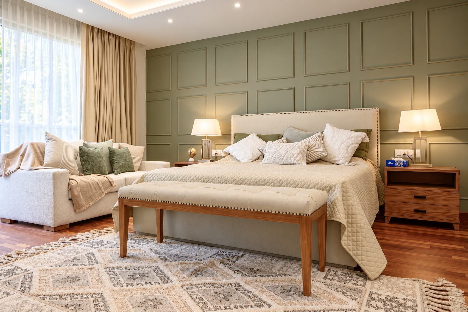 Bedroom at The Jorbagh Apartment – Client 101, with an olive panelled wall, ivory bed and warm bedside lighting.