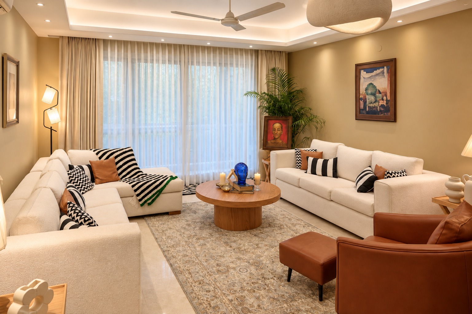 Living room at The Jorbagh Apartment – Client 101 with ivory sofas, tan accent seating, graphic cushions and a round wood-toned coffee table.