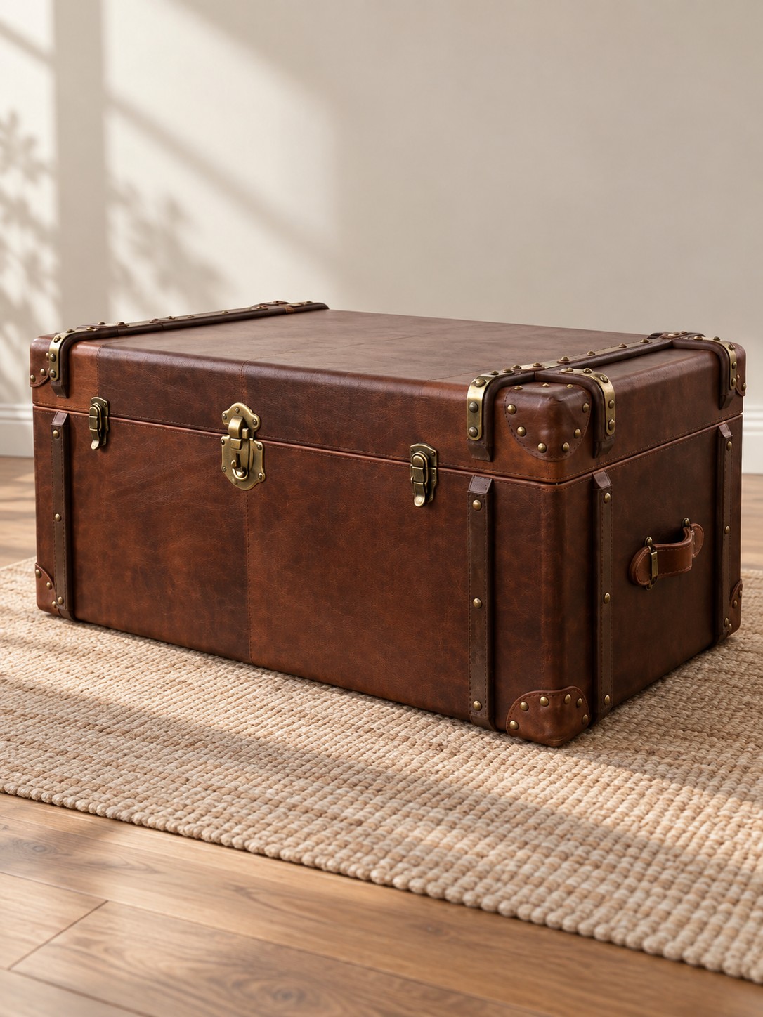 A rich chestnut finish, stitched panels and riveted straps give this trunk a well-travelled character. Rounded corner guards and antique-toned clasps complete its nostalgic silhouette.