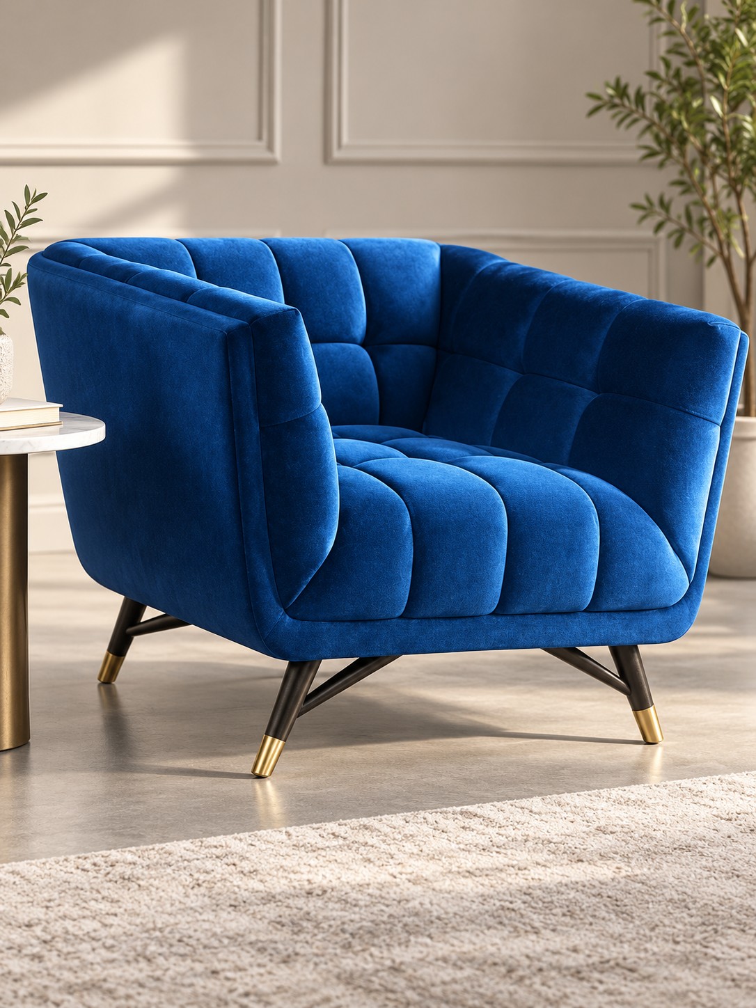 Deep cobalt upholstery and broad stitched panels create a sculptural, enveloping seat. Angled dark legs with gold-toned tips give the generous silhouette a lighter stance.