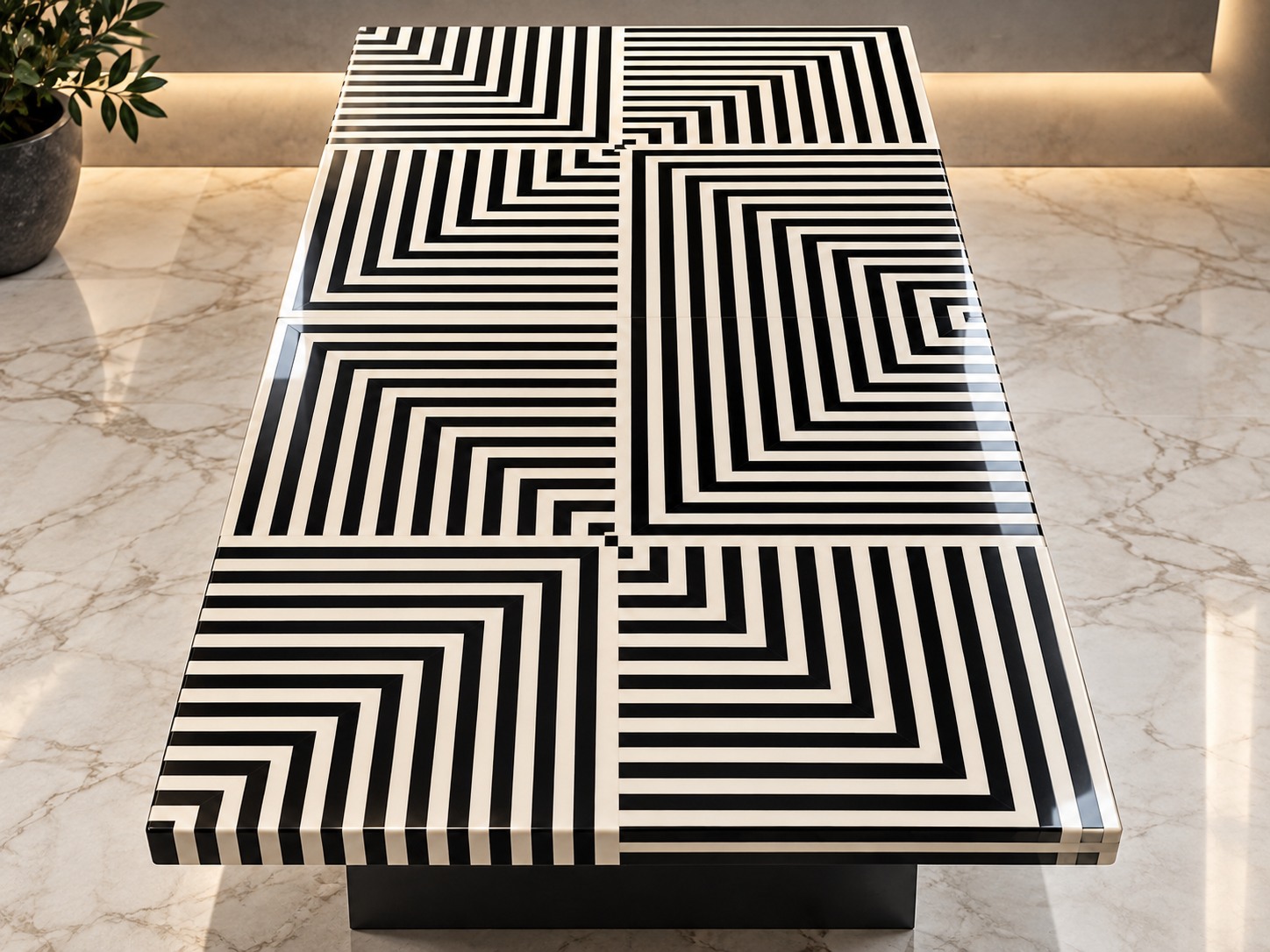 Black and ivory lines turn across a rectangular tabletop in a striking geometric composition. A dark pedestal base keeps the focus on the graphic surface.
