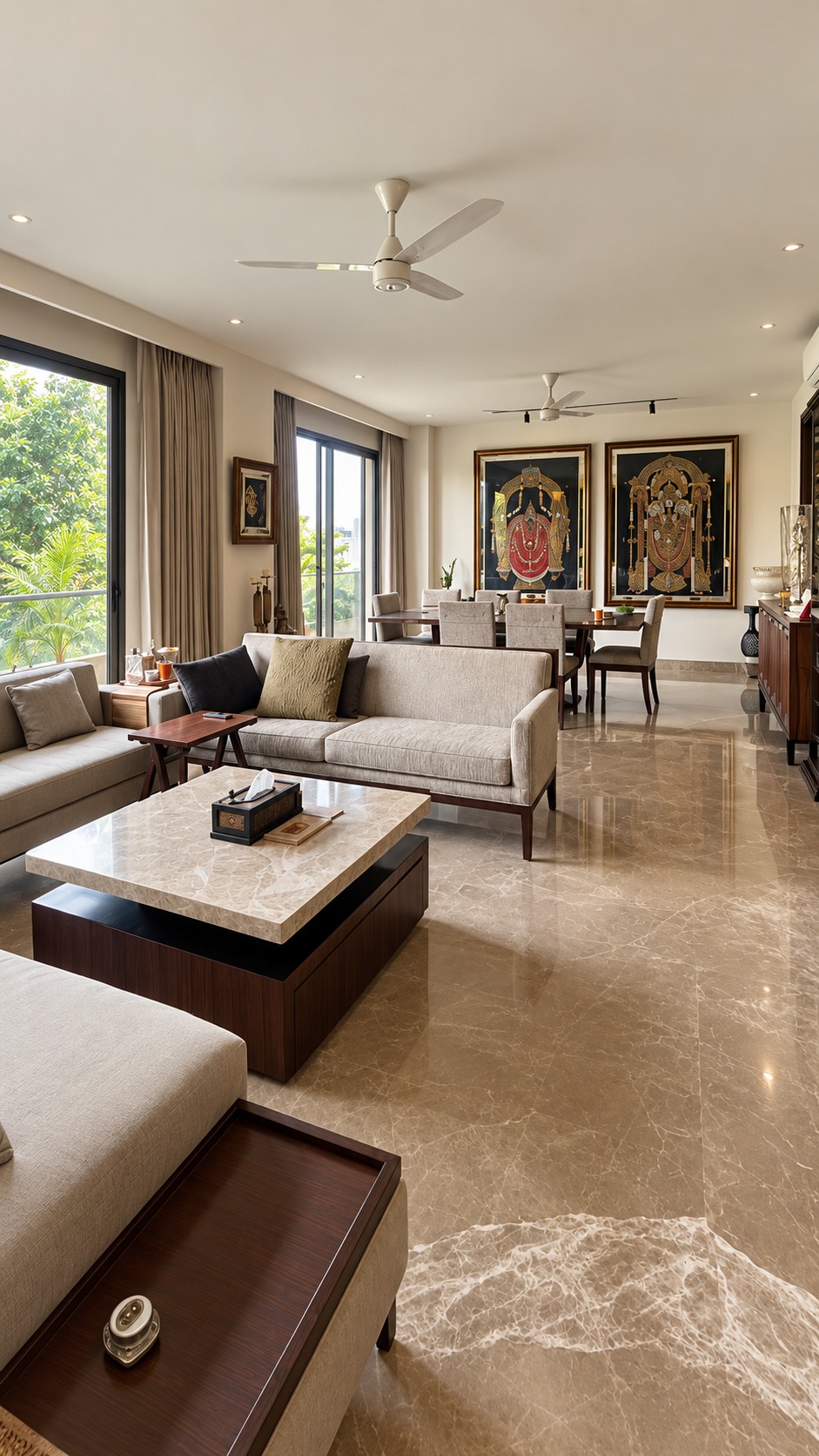 Connected living and dining spaces in The Gurgaon Home – Client 102, with neutral sofas, a veined coffee table and large devotional artworks.