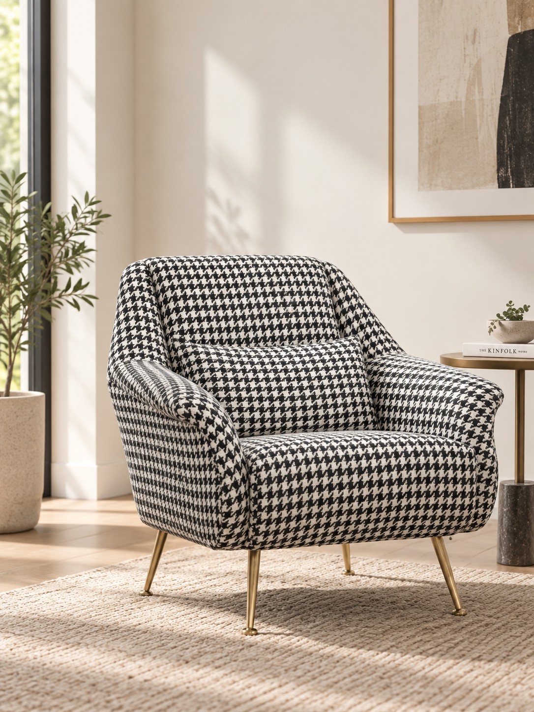 Sweeping arms and a generous seat soften the graphic black and ivory pattern. A matching cushion and slender gold-toned legs complete this expressive lounge chair.