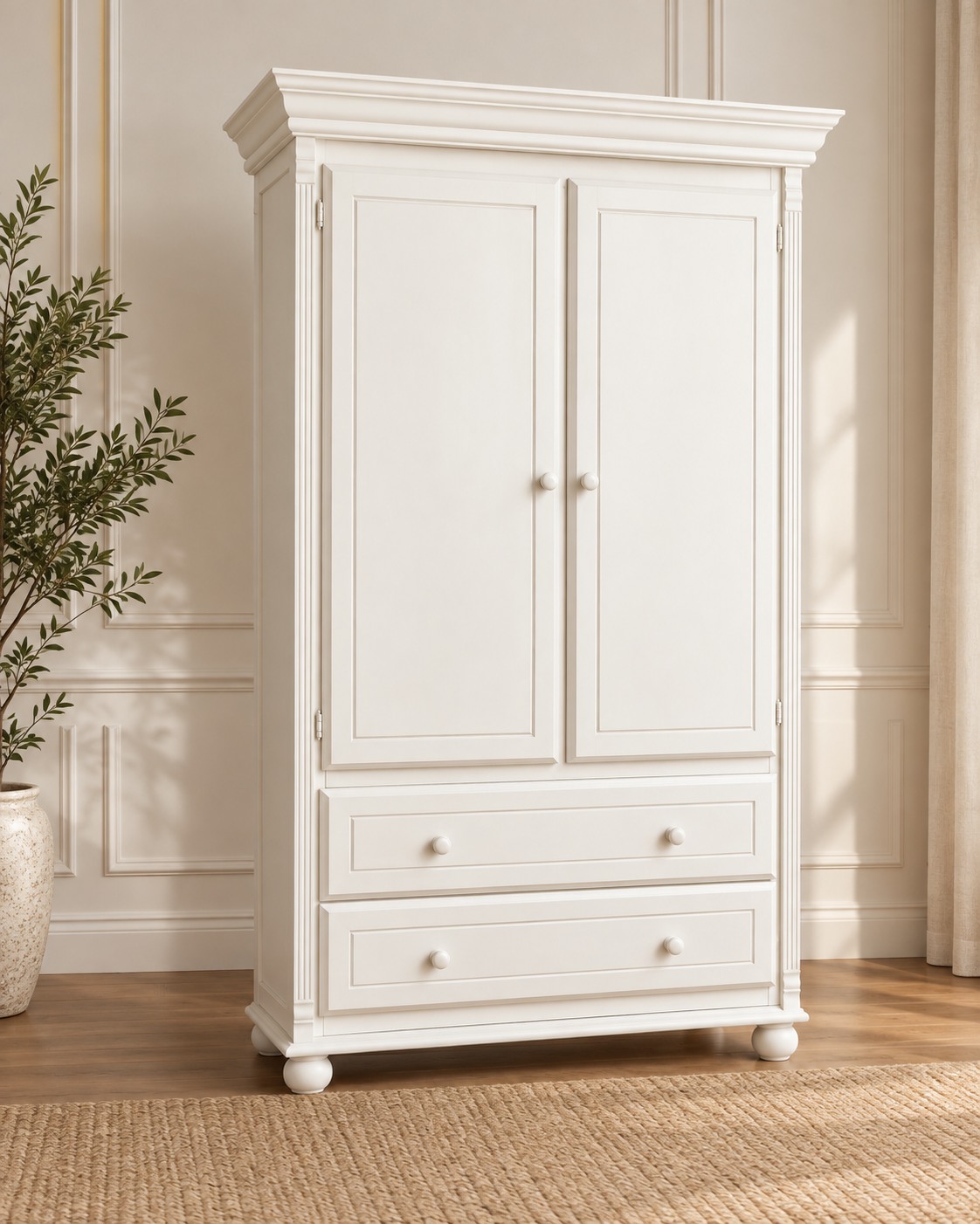 Panelled doors, a moulded cornice and rounded feet give this ivory cabinet a classic presence. Two lower drawers add a practical finishing detail.