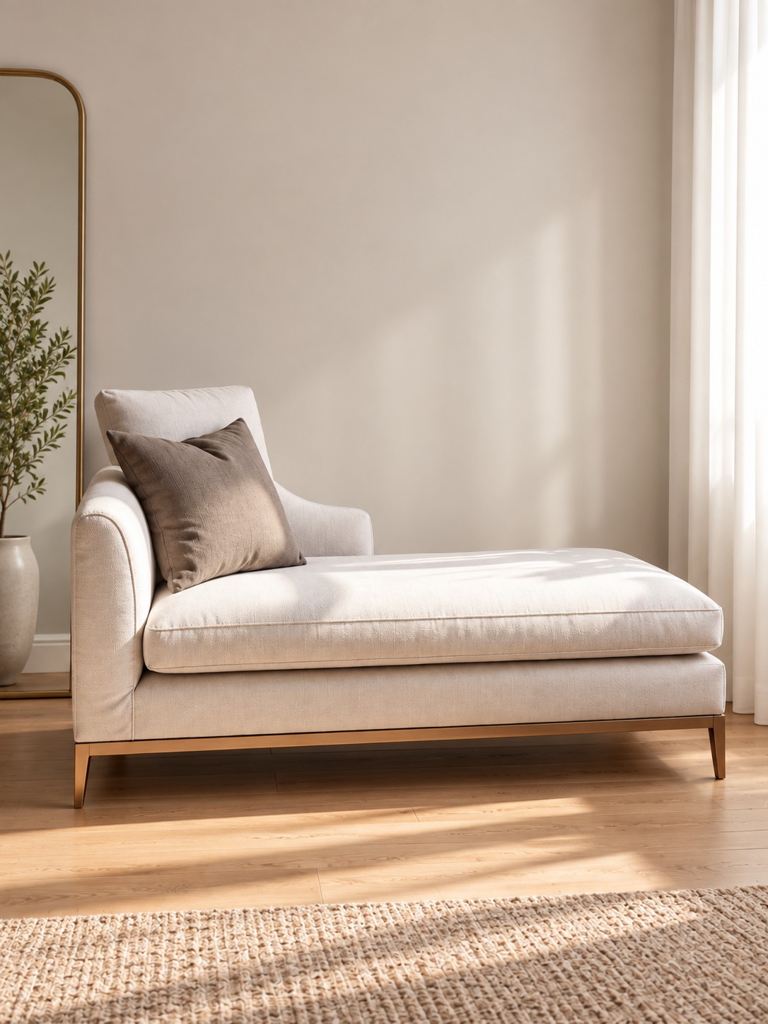 An elongated seat, soft ivory upholstery and a slim gold-toned base create a relaxed place to pause. Its asymmetric silhouette sits beautifully beside a window.
