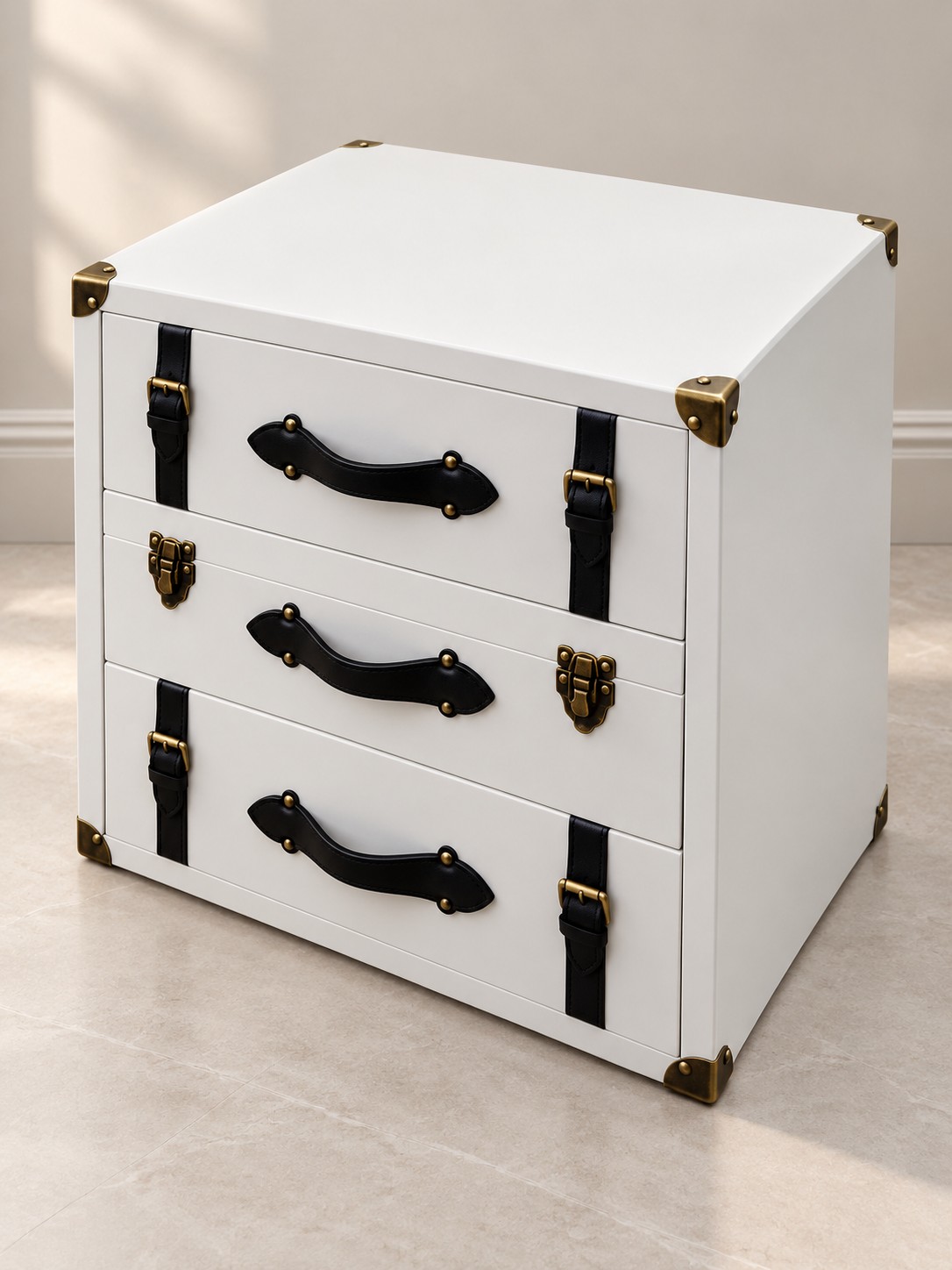 A crisp ivory finish is accented with black straps, curved handles and antique-toned hardware. Three drawers reinterpret the details of travel trunks for the bedside.