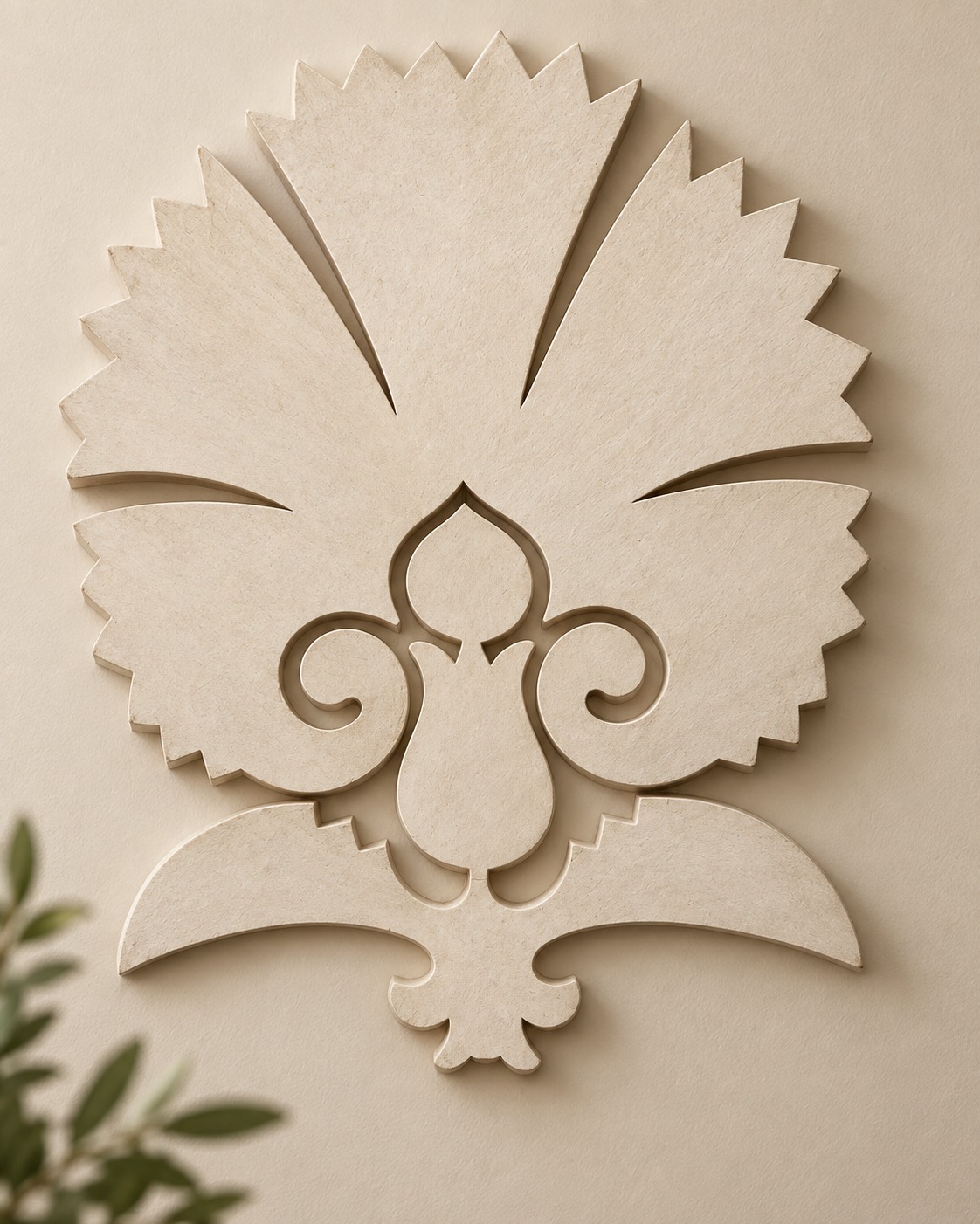 A sculptural ivory motif brings depth to a tonal wall. Its textured surface and softly cast shadows create a focal point without introducing strong colour.