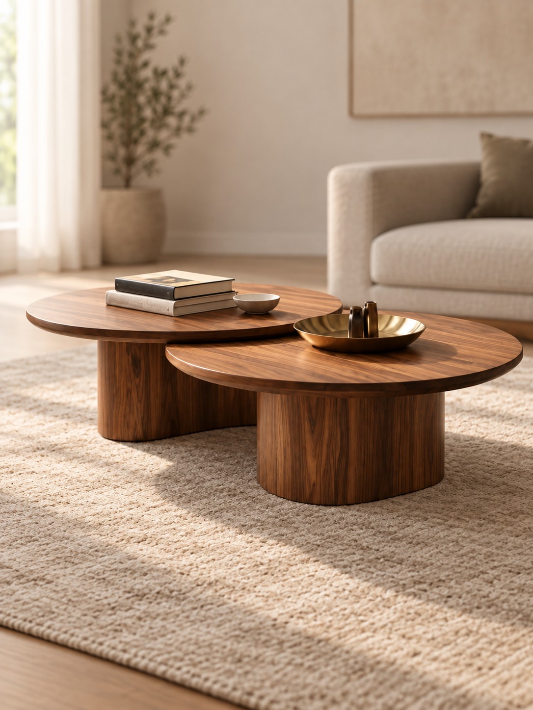 Two overlapping round tables with warm wood grain and sculptural bases. A layered centrepiece that brings movement and warmth to a living room.