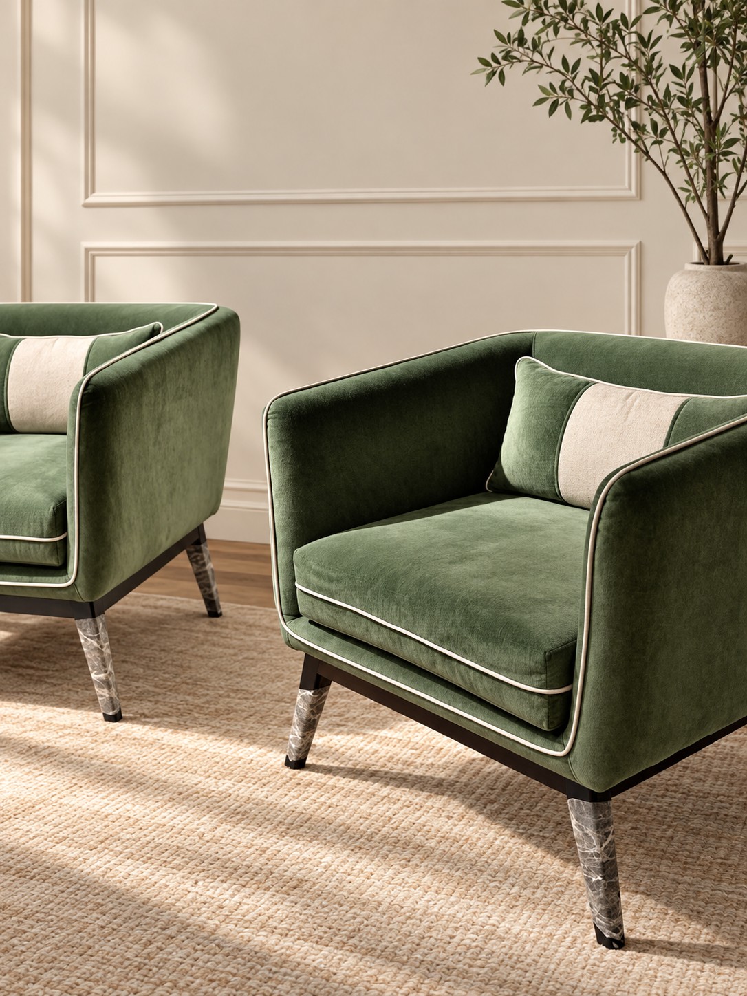 Olive upholstery and fine ivory piping trace the softly enclosed silhouette. Matching cushions and veined leg detailing add thoughtful contrast to this inviting pair.