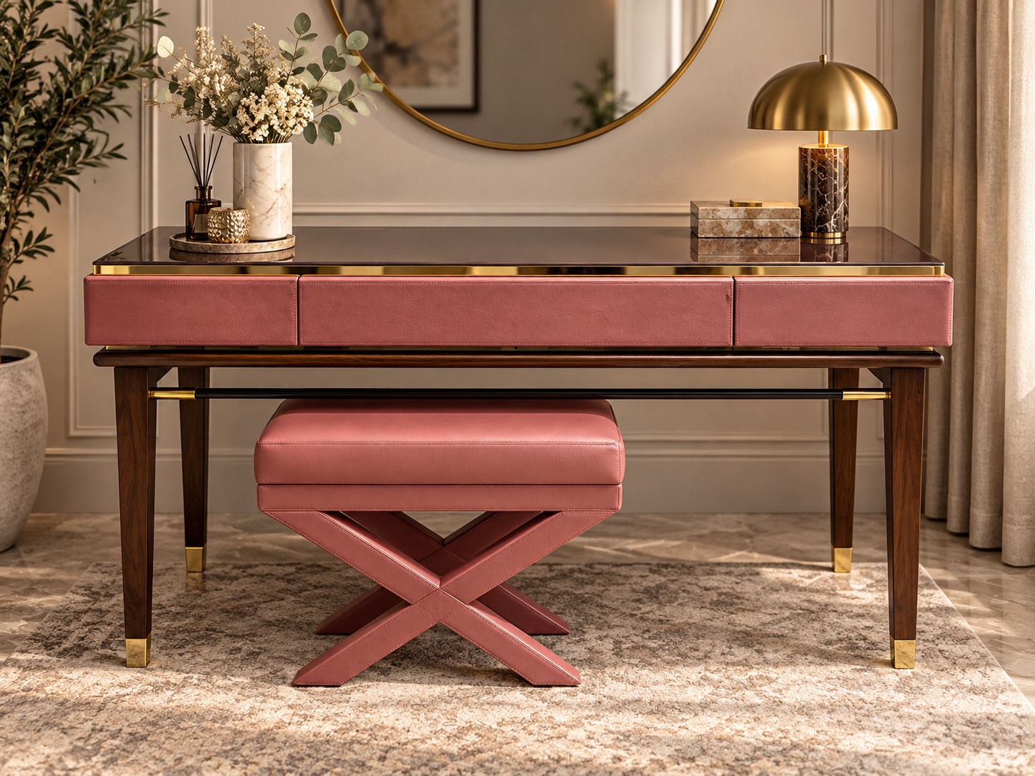 Rose drawer fronts, a dark reflective top and gold-toned accents create a refined dressing table. A matching stool with crossed legs completes the setting.