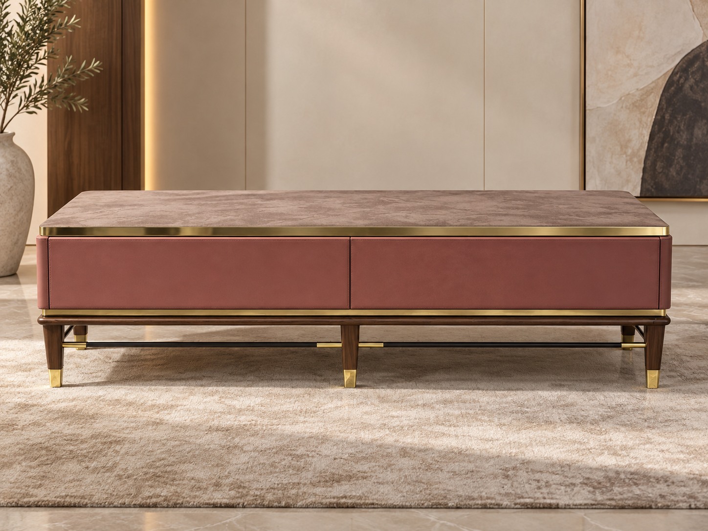Muted rose fronts and a softly mottled top are outlined with gold-toned trim. Slender wood-toned legs and dark crossbars give this low cabinet an elegant, elongated profile.
