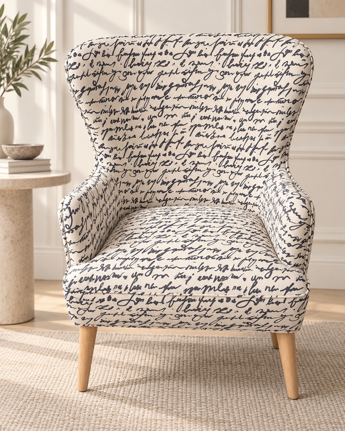 Flowing dark script across ivory upholstery gives this high-backed armchair a distinctive graphic character. Gently curved arms and pale wood legs soften the silhouette.