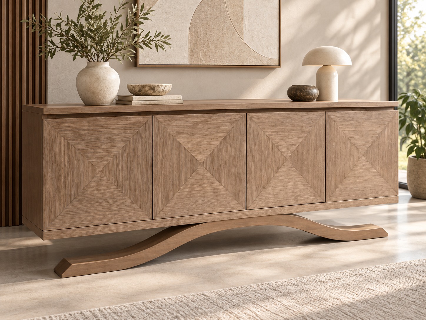 Four geometric door panels celebrate the direction of the wood grain. A sweeping curved base gives the long sideboard a sculptural presence.