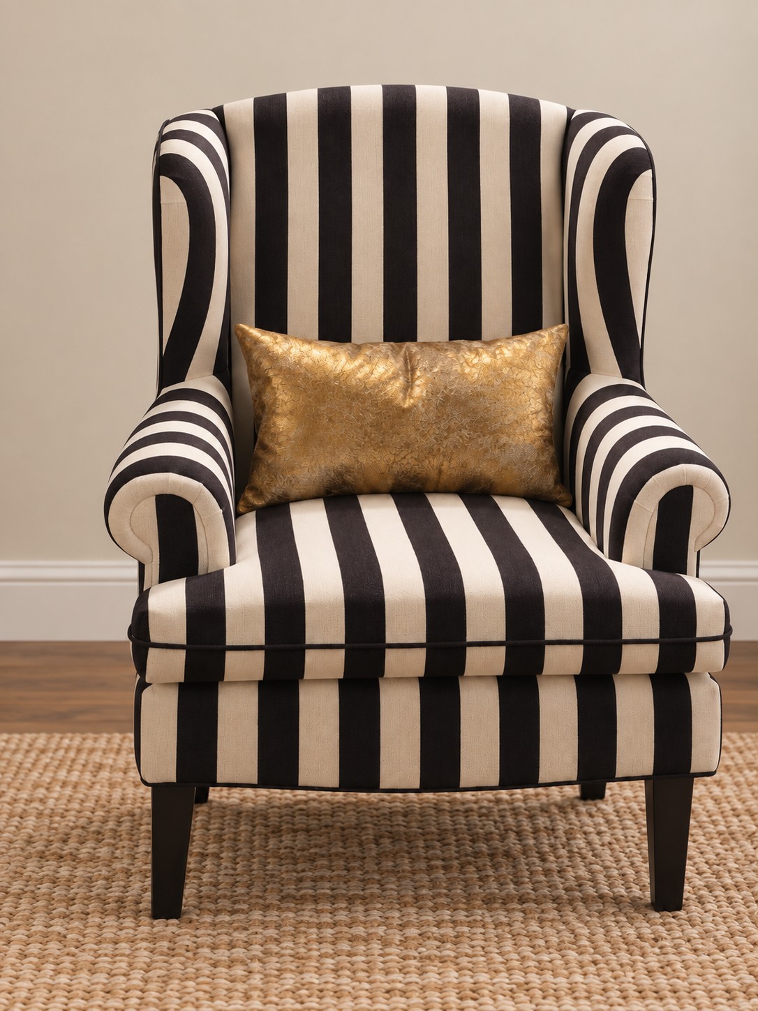 Bold black and ivory stripes give a classic wingback silhouette a fresh presence. Rolled arms and a high back make it an expressive accent for a reading corner.
