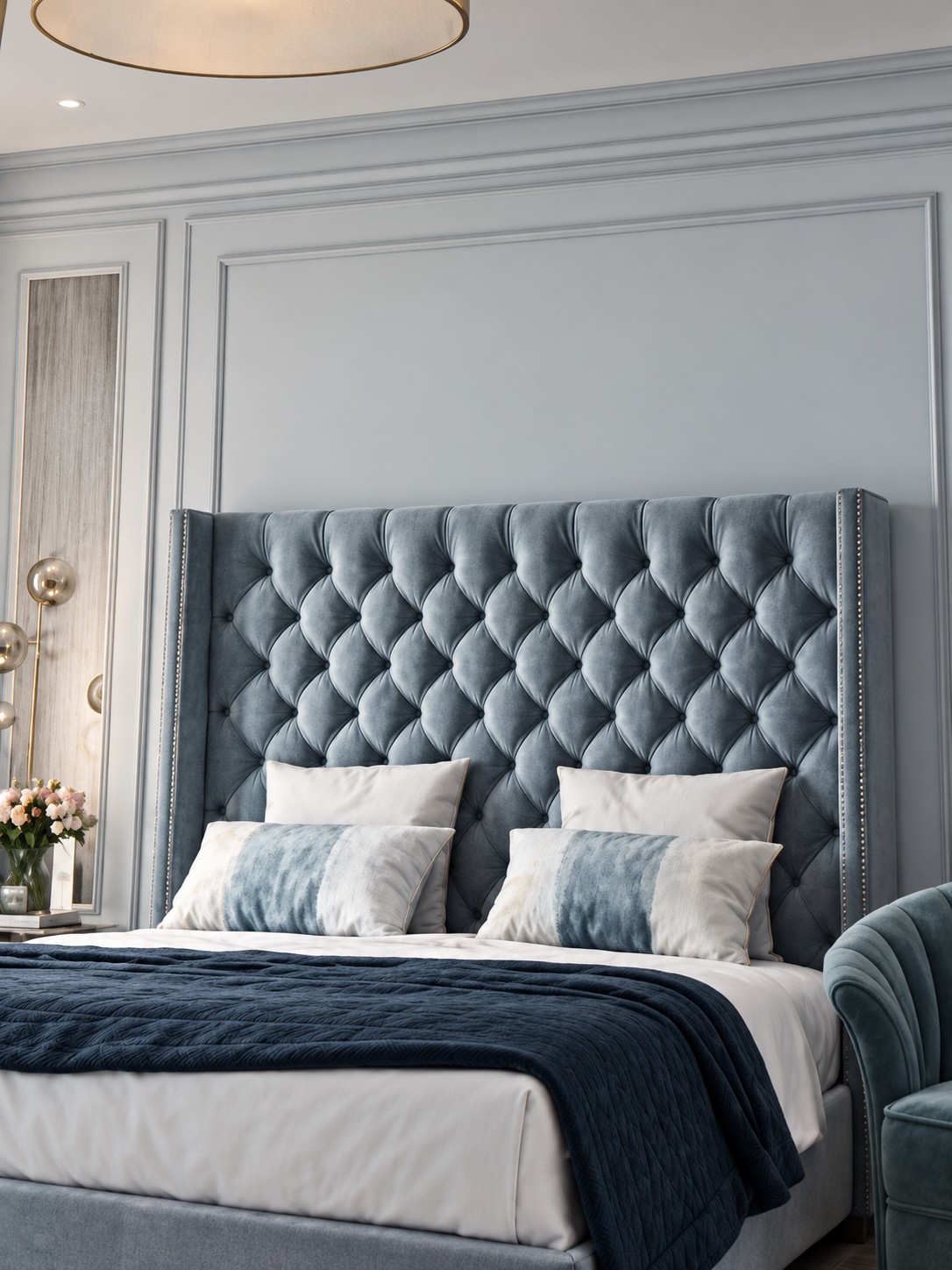 Blue tufted headboard against a pale blue panelled wall, with ivory bedding, blue cushions and a dark blue throw.